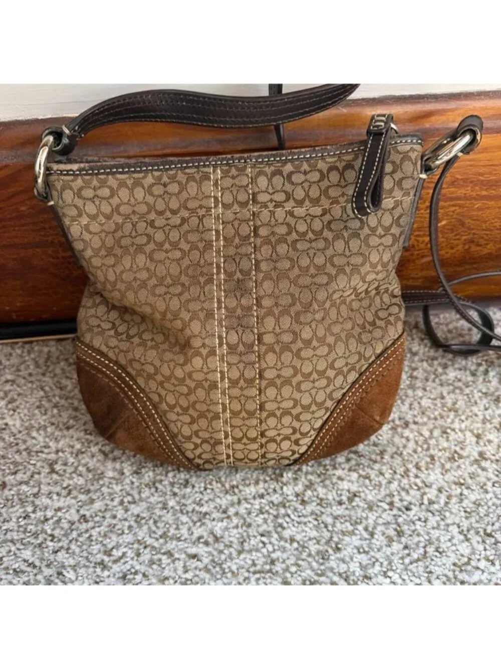 oach Y2K Signature Canvas Suede Trim Crossbody Bag Brown Monogram Shoulder Purse